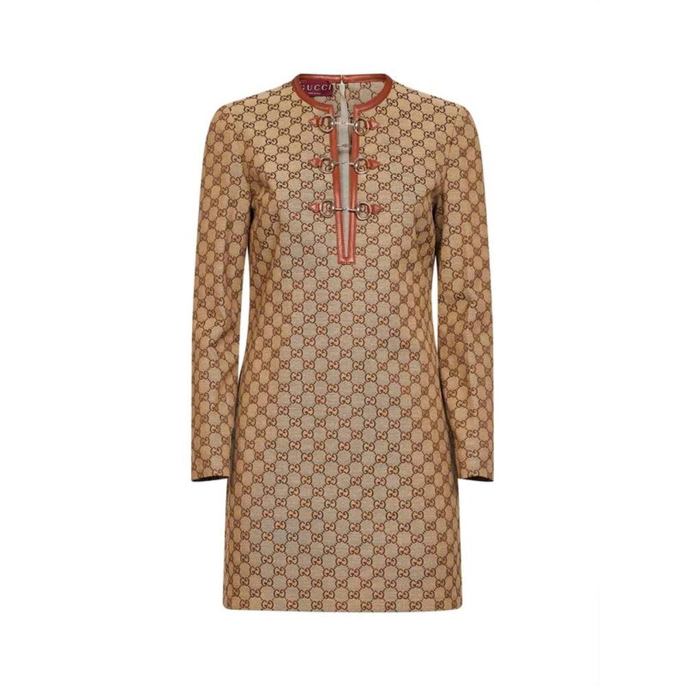 Gucci Women Camel And Dark Brown Gg Canvas Mini Dress With Horsebit